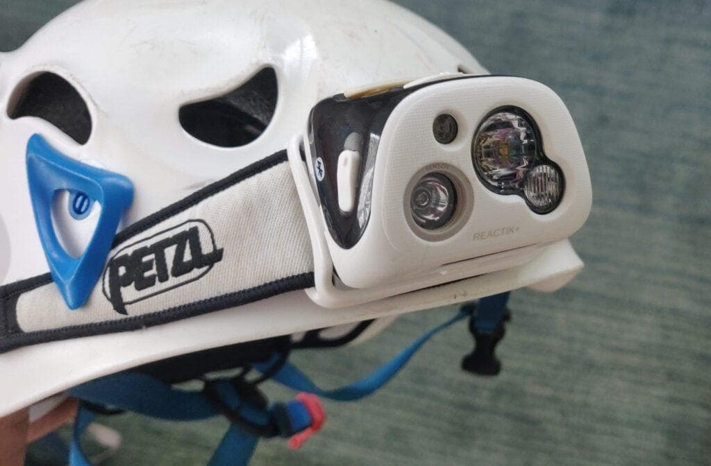 Petzl Reactik+ mounted on my helmet: a bit bulky, but incredibly bright.